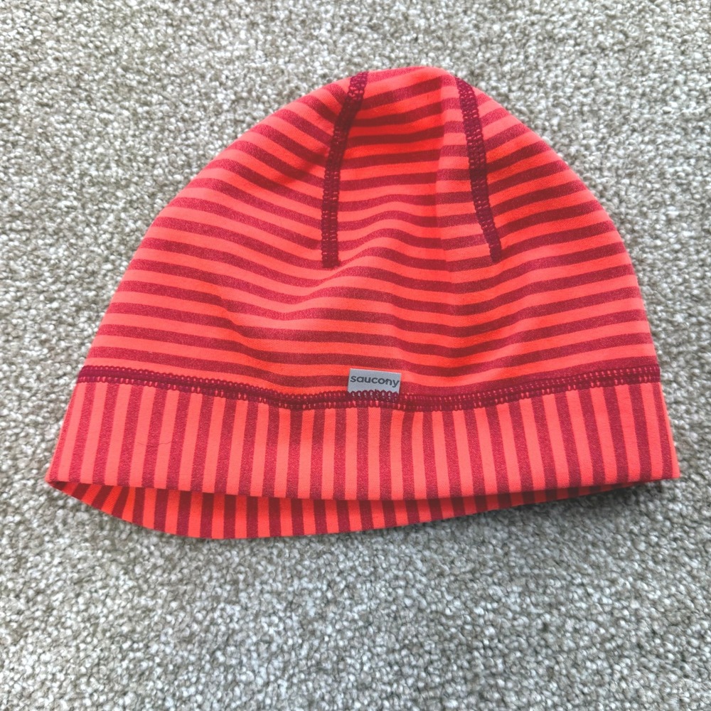 Saucony Womens Ponytail Beanie Orange Red Striped Running Hat Headwear Thermal